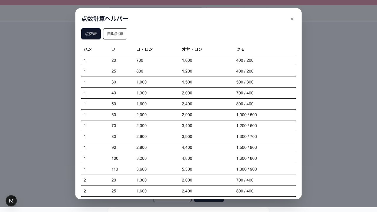 マージャンの点数計算ヘルパー画面